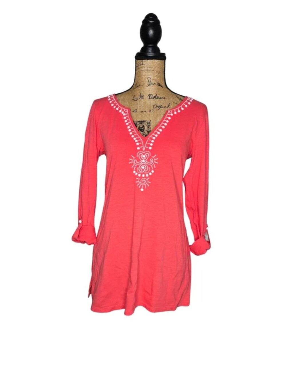 Lilly Pultzer Women's Pink Tunic w. White Beads Deep V-Neck Long Sleeve Small